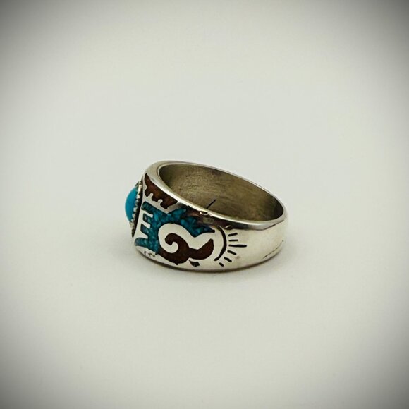 Sterling Turquoise Chip-Inlay Ring – Size 12.5, 14g, Signed T.J.W. - Picture 3 of 5